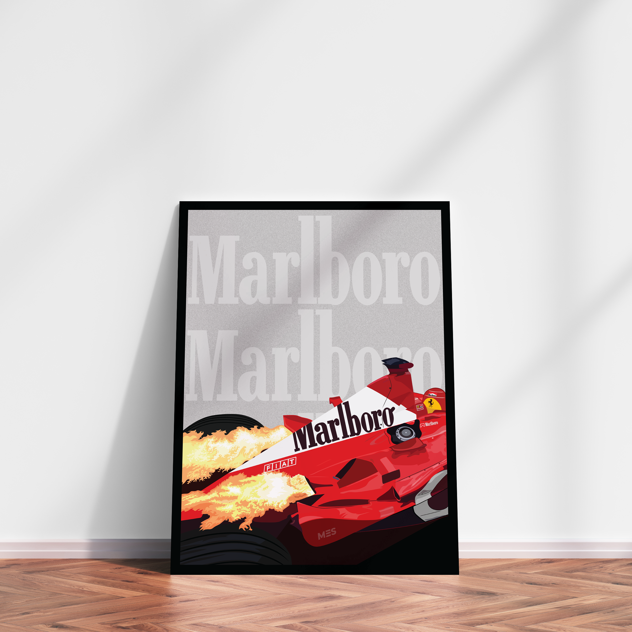Premium & Sustainable F1 Michael Schumacher Ferrari Poster Print. Hand crafted in the UK from the highest quality paper, created with sustainable FSC paper. Texturised inks, brings the poster to life. Available to purchase with a Polcore Recycled Plastic Frame with Perspex screening to let your print do the talking.