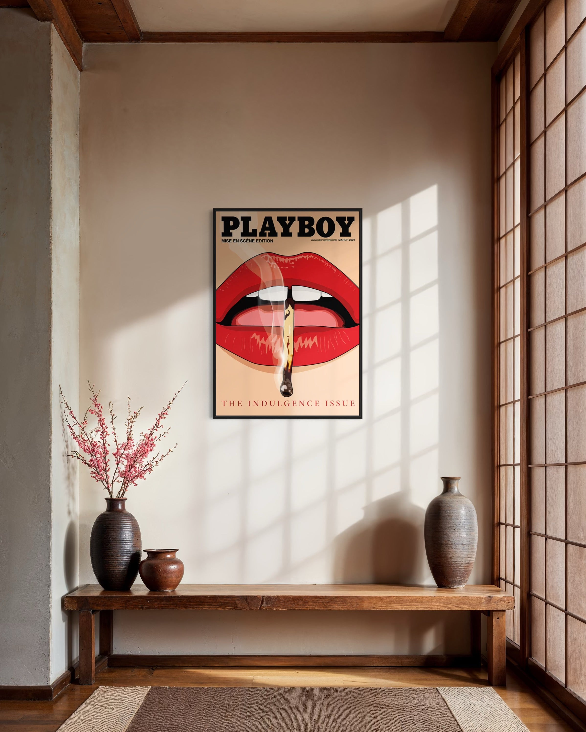 Playboy poster on a wall in a room with a wooden bench and vases.