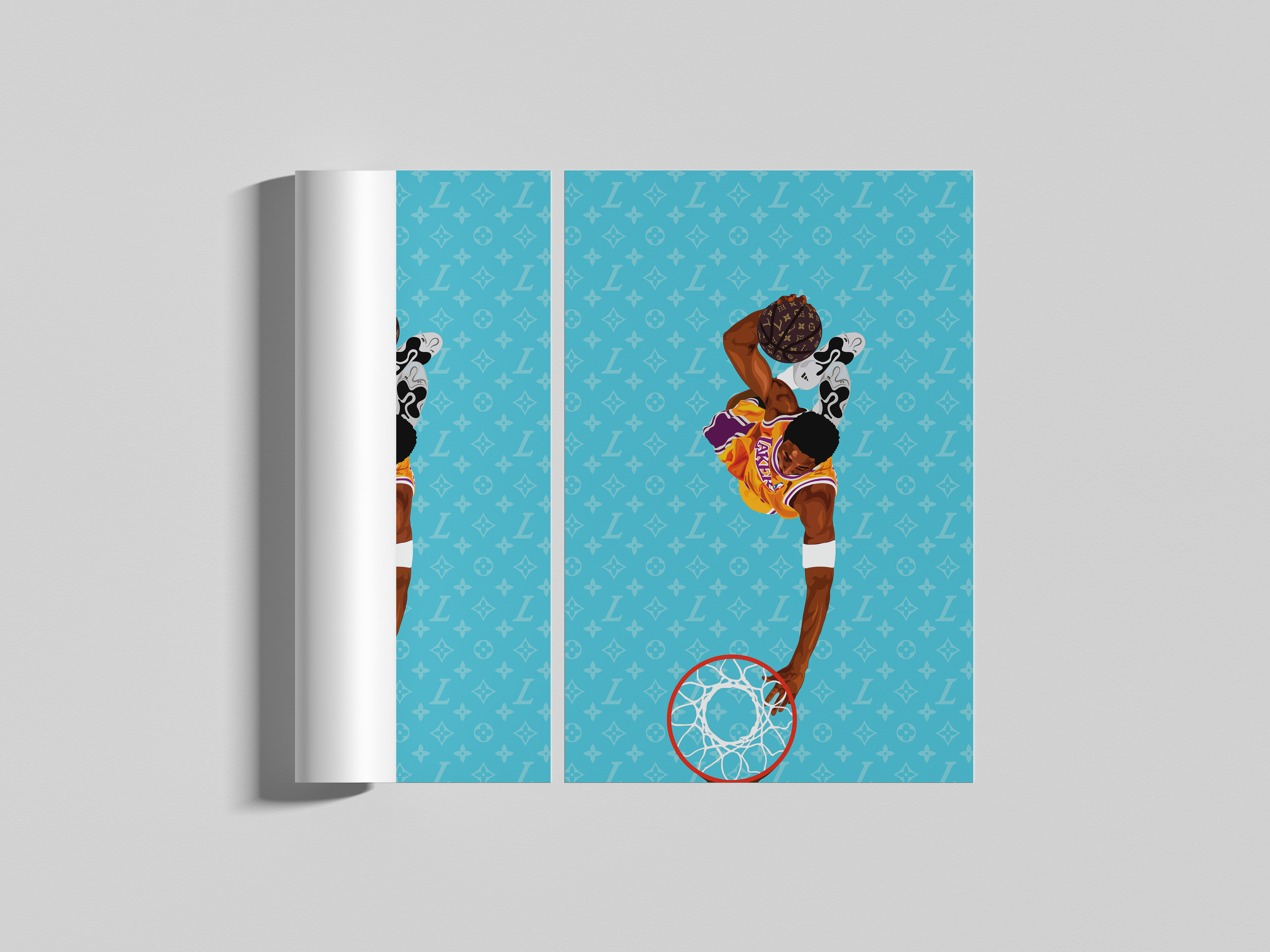 Premium & Sustainable Kobe Bryant Lakers Louis Vuitton Poster Print. Hand crafted in the UK from the highest quality paper, created with sustainable FSC paper. Texturised inks, brings the poster to life. Available to purchase with a Polcore Recycled Plastic Frame with Perspex screening to let your print do the talking.