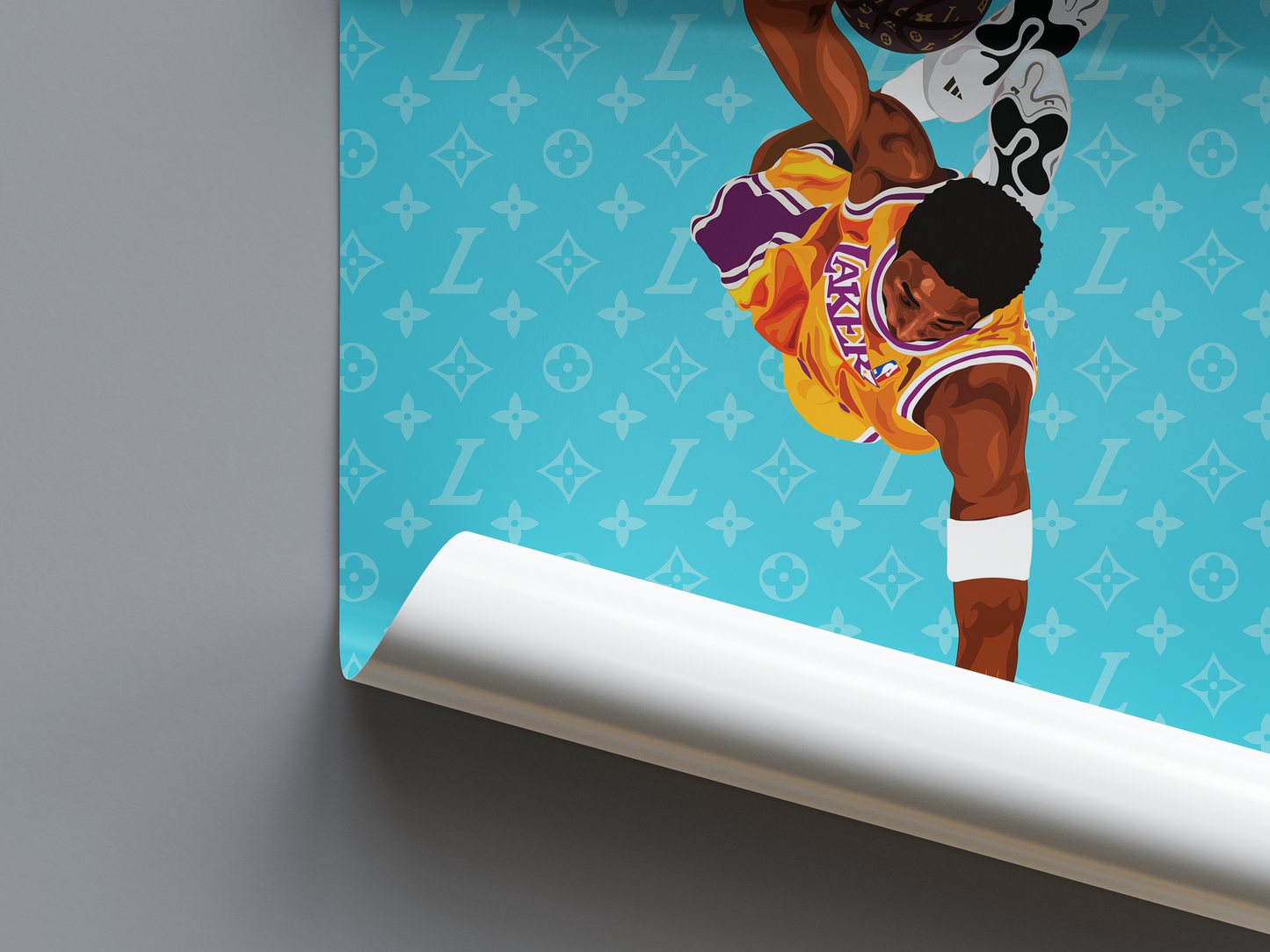 Premium & Sustainable Kobe Bryant Lakers Louis Vuitton Poster Print. Hand crafted in the UK from the highest quality paper, created with sustainable FSC paper. Texturised inks, brings the poster to life. Available to purchase with a Polcore Recycled Plastic Frame with Perspex screening to let your print do the talking.