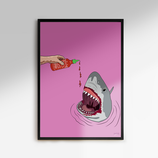 Premium & Sustainable Siracha Shark Poster Print. Hand crafted in the UK from the highest quality paper, created with sustainable FSC paper. Texturised inks, brings the poster to life. Available to purchase with a Polcore Recycled Plastic Frame with Perspex screening to let your print do the talking. Global shipping.