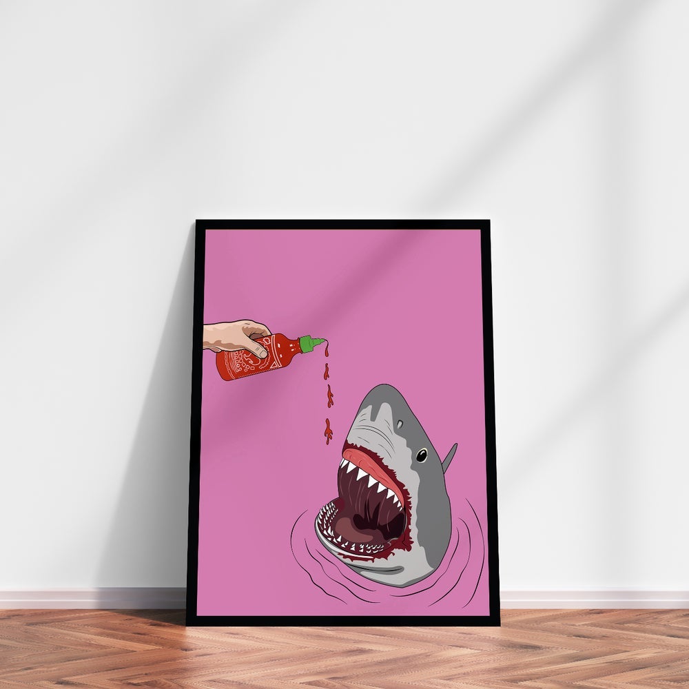 Premium & Sustainable Siracha Shark Poster Print. Hand crafted in the UK from the highest quality paper, created with sustainable FSC paper. Texturised inks, brings the poster to life. Available to purchase with a Polcore Recycled Plastic Frame with Perspex screening to let your print do the talking. Global shipping.
