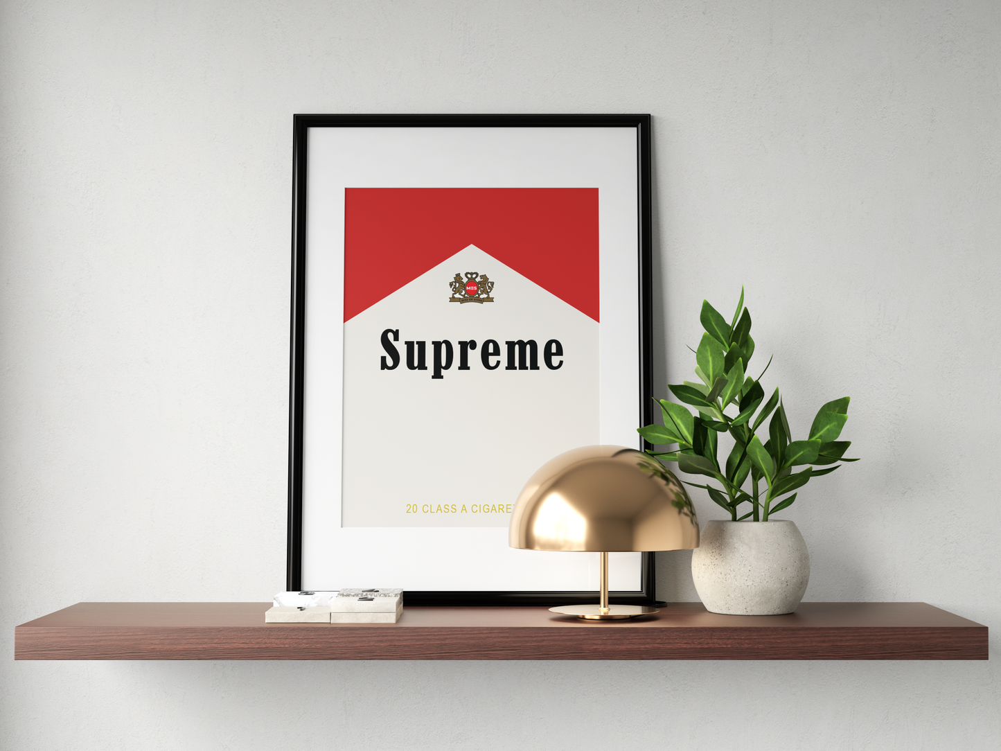 Premium & Sustainable Supreme Marlboro Poster Print. Hand crafted in the UK from the highest quality paper, created with sustainable FSC paper. Texturised inks, brings the poster to life. Available to purchase with a Polcore Recycled Plastic Frame with Perspex screening to let your print do the talking. Global shipping