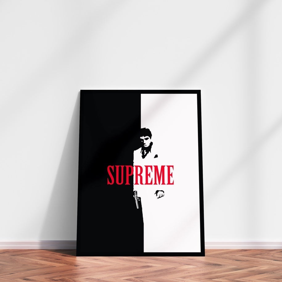 Premium & Sustainable Supreme Scarface Poster Print. Hand crafted in the UK from the highest quality paper, created with sustainable FSC paper. Texturised inks, brings the poster to life. Available to purchase with a Polcore Recycled Plastic Frame with Perspex screening to let your print do the talking. Global shipping
