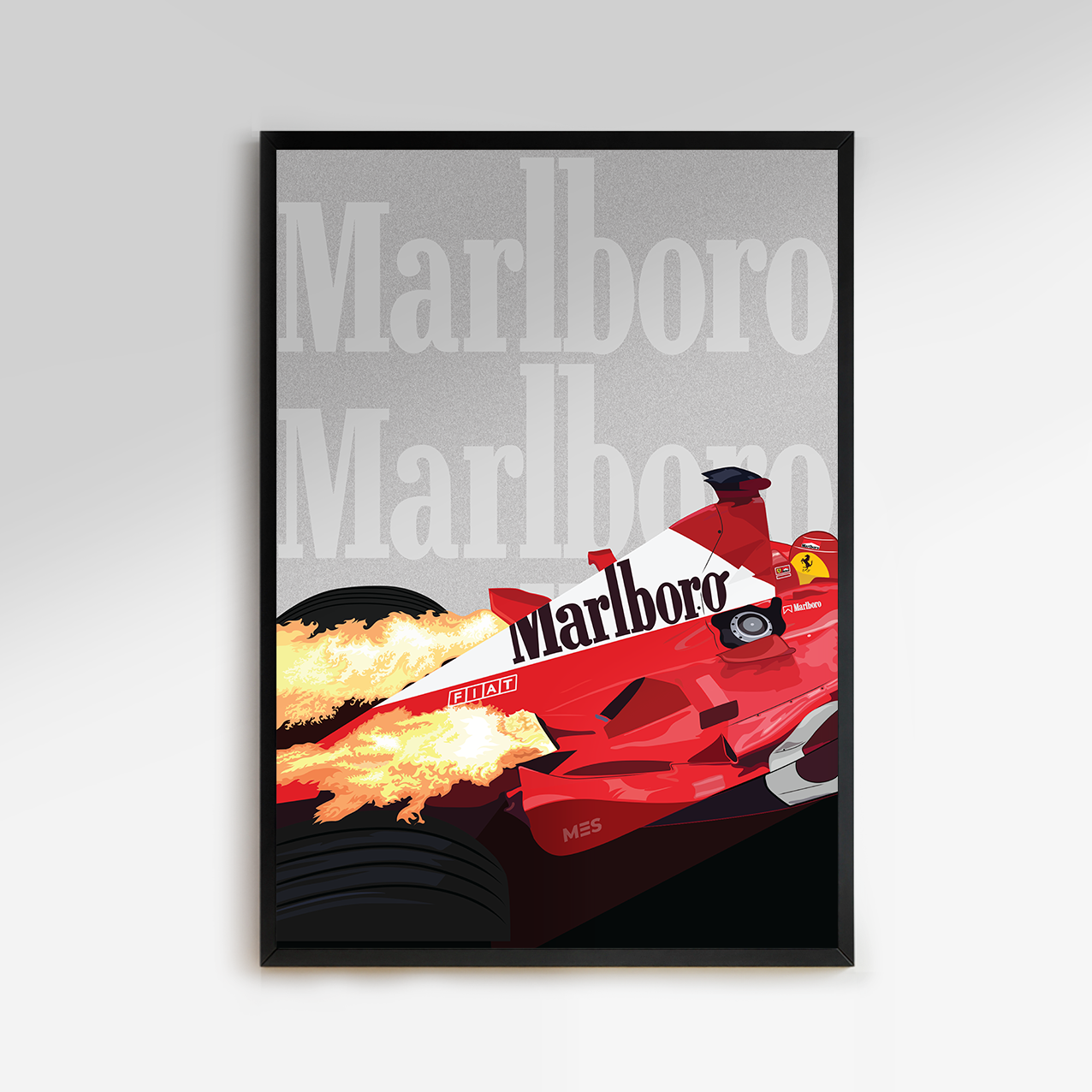 Premium & Sustainable F1 Michael Schumacher Ferrari Poster Print. Hand crafted in the UK from the highest quality paper, created with sustainable FSC paper. Texturised inks, brings the poster to life. Available to purchase with a Polcore Recycled Plastic Frame with Perspex screening to let your print do the talking. 
