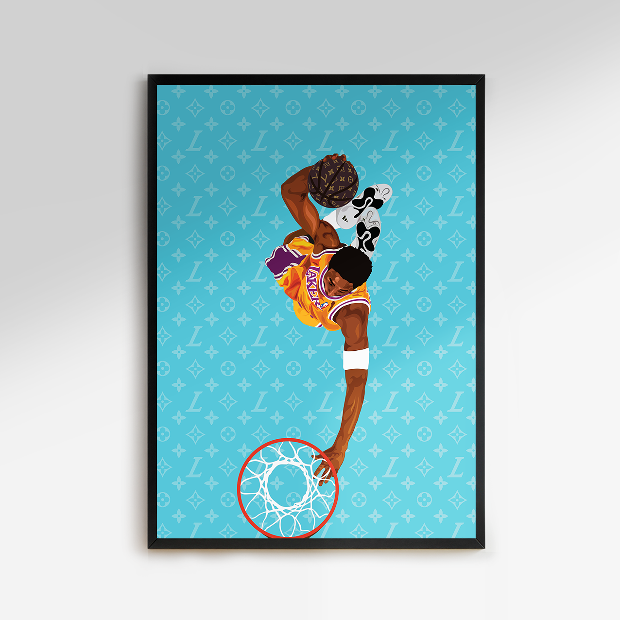 Premium & Sustainable Kobe Bryant Lakers Louis Vuitton Poster Print. Hand crafted in the UK from the highest quality paper, created with sustainable FSC paper. Texturised inks, brings the poster to life. Available to purchase with a Polcore Recycled Plastic Frame with Perspex screening to let your print do the talking.