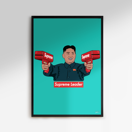 Premium & Sustainable Supreme Leader Poster Print. Hand crafted in the UK from the highest quality paper, created with sustainable FSC paper. Texturised inks, brings the poster to life. Available to purchase with a Polcore Recycled Plastic Frame with Perspex screening to let your print do the talking. Global shipping.